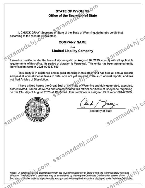 USA Wyoming certificate of registration Word and PDF template
